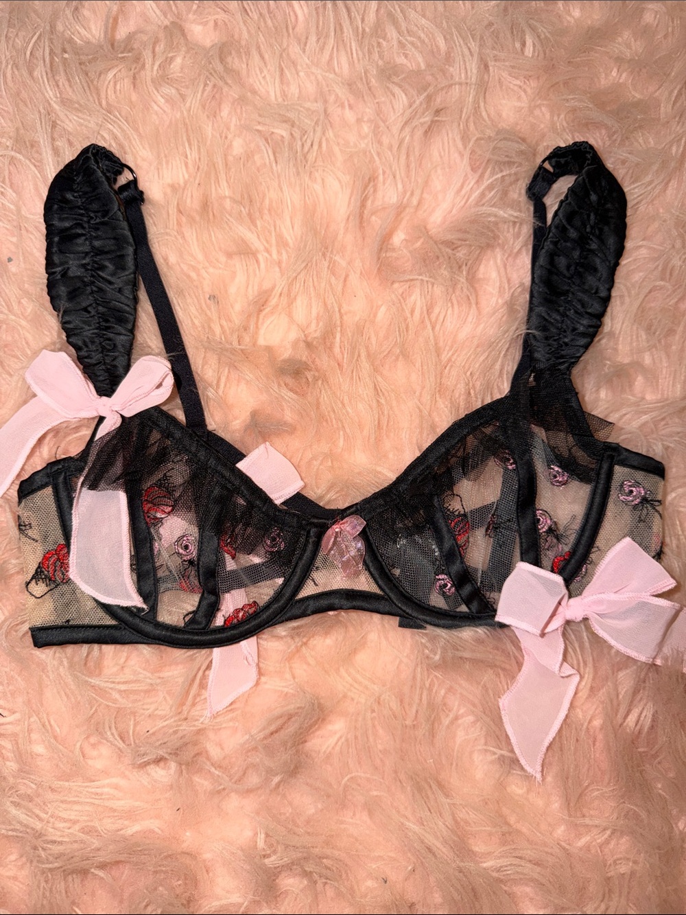 For Love And Lemons Black Sheer Lace Underwire Bra with Pink Bow Details